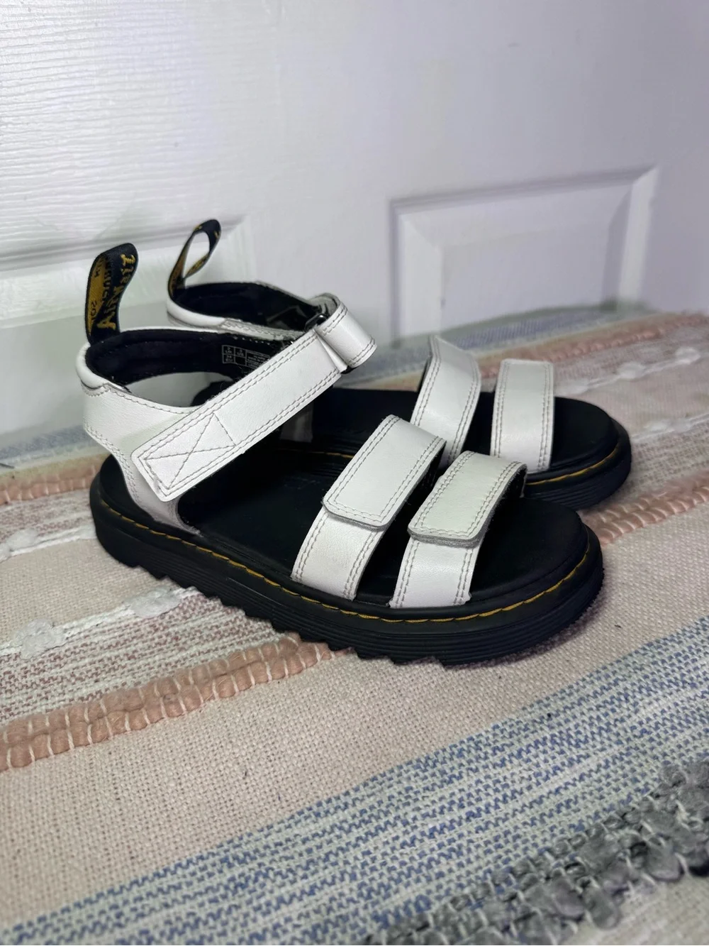 Dr. Martens Klaire J White and Black Leather Platform Sandals